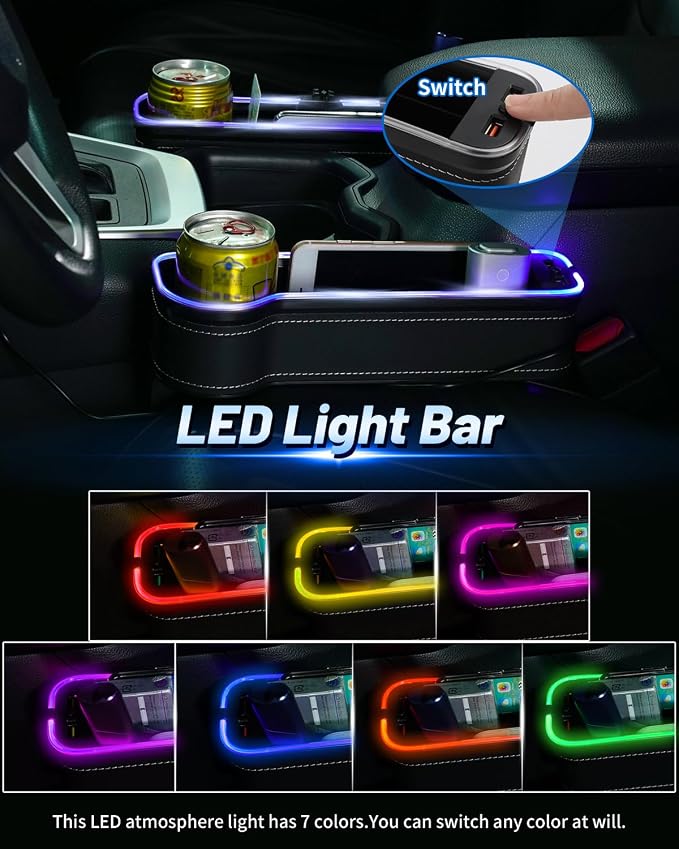 RGB Color Changing LED Car Seat Gap Filler Organizer Console Side Seat Gap Storage Box with Cup Holders and USB Chargers for Car Interior Accessories (2 Pack)