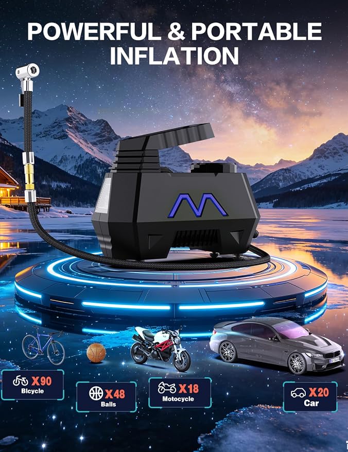 Tire Inflator Portable Air Compressor, 150PSI Tire Air Pump for Car Tires, Car Accessories, Auto Pump 12V DC with Digital Pressure Gauge and LED Light for Motorcycle, Bicycle, Ball-Blue