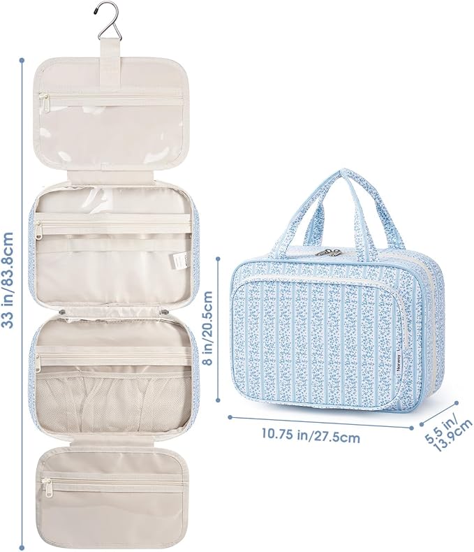 Hanging Toiletry Bag for Women Travel Makeup Bag Organizer Toiletries Bag for Travel Size Essentials Accessories Cosmetics (Blue Flower Buds (Medium))