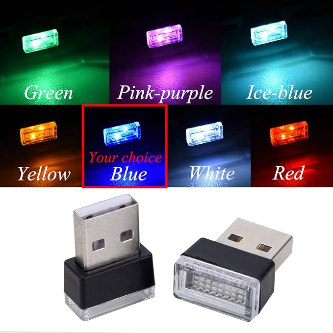4Pcs Blue USB Car Interior Atmosphere Lamps, Universal Mini Led USB Lights for Car Decoration, Lighting