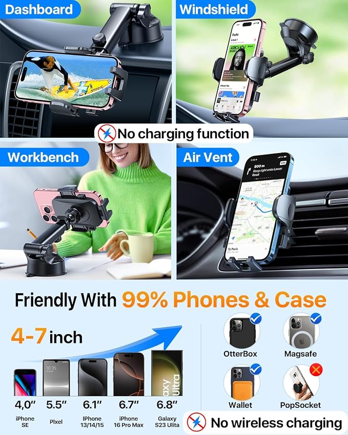 【Upgraded Strongest Suction & Pro Military-Grade】Ultimate Car Phone Mount【360°Rotatable Suction】Cell Phone Holders Truck Stand for Dashboard Windshield Vent for iPhone 17 Pro Max 16 Samsung,Navy Blue