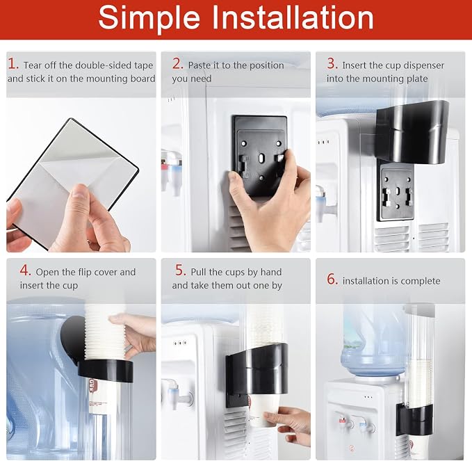 Cup Dispenser, Wall Mount Water Cooler Cup Holder Fits 5oz - 7oz Disposable Paper Plastic Cups for Home Office Hospital Cups Organizer, Adhesive Paste or Screw Install (Black, Medium)