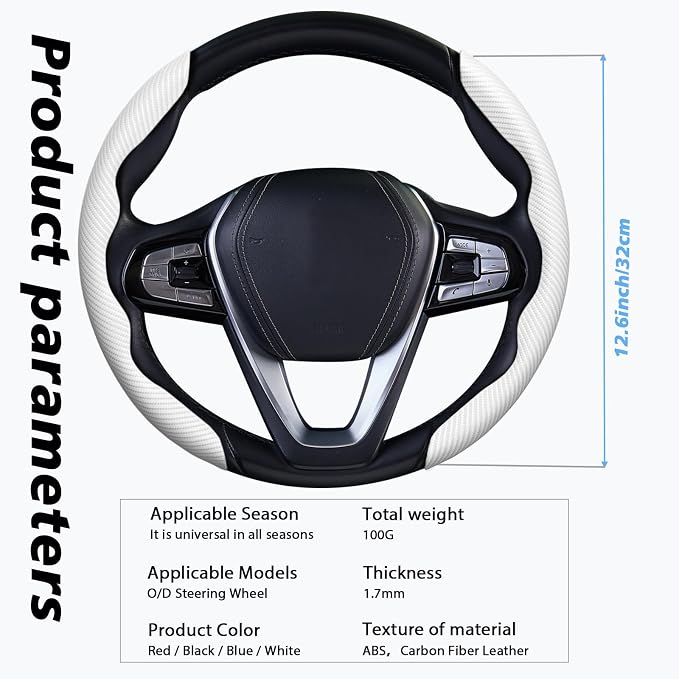 2pcs Car Steering Wheel Cover,Anti-Skid Carbon Fiber Steering Wheel Protector for Men Women,Multiple Color Options,Universal for Most Car Interiors Accessories (White)