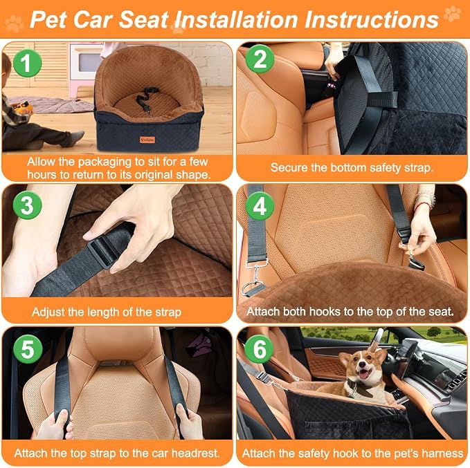 Dog Car Seat for Small & Medium Dogs, Detachable & Washable Booster Seat for Pets Up to 30lbs, Travel Bed with Storage Pockets and Safety Belt – Brown&Black