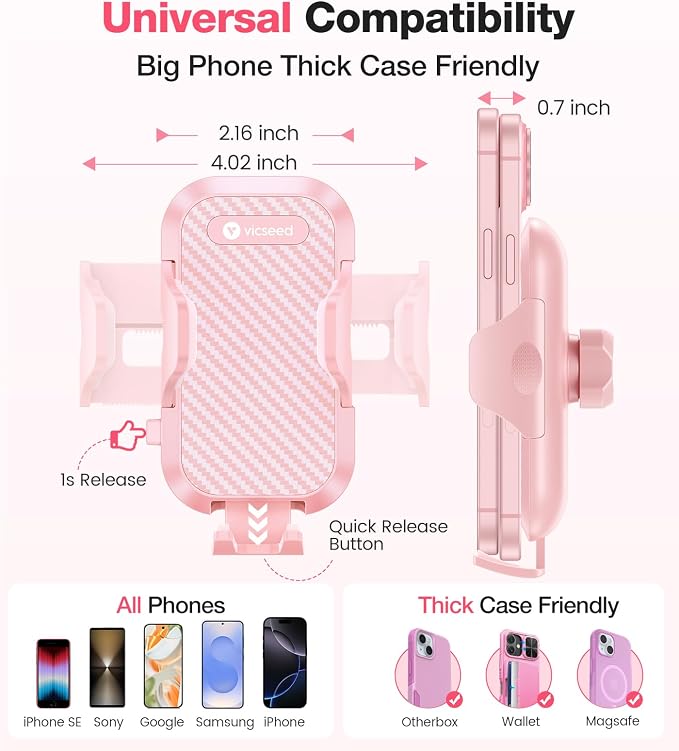 Pink Phone Holder for Your Car [ Sturdy & Secure ] Air Vent Phone Mount for Car Hands Free Easy Clamp Cradle in Vehicle for iPhone Samsung Android Smartphone, Pink Car Accessories