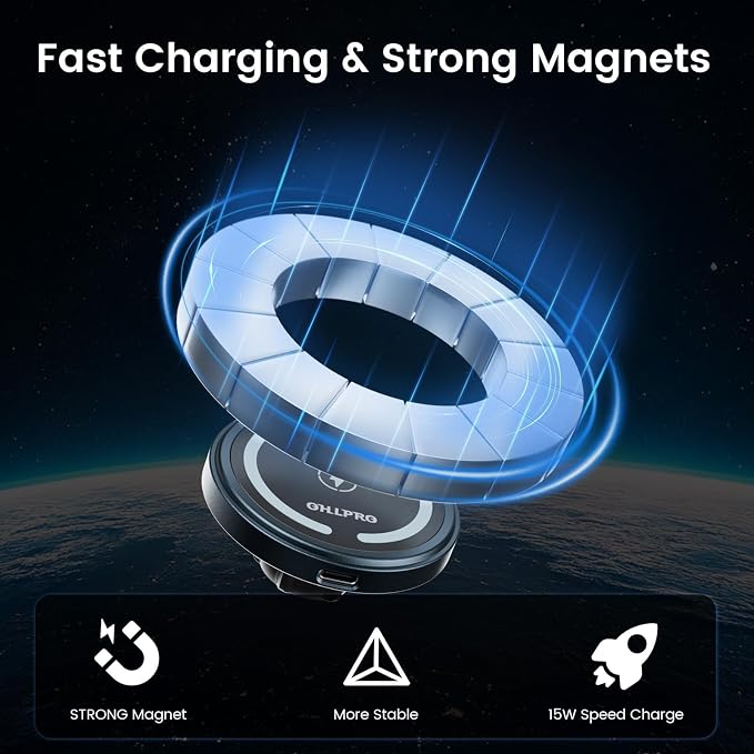 for MagSafe Car Mount Charger iPhone Wireless Car Charger, Stick on Dashboard Magnetic Phone Holder Mount for iPhone 17 Pro Max 16 15 14 Series, 15W Fast Charging, Aluminum Shell