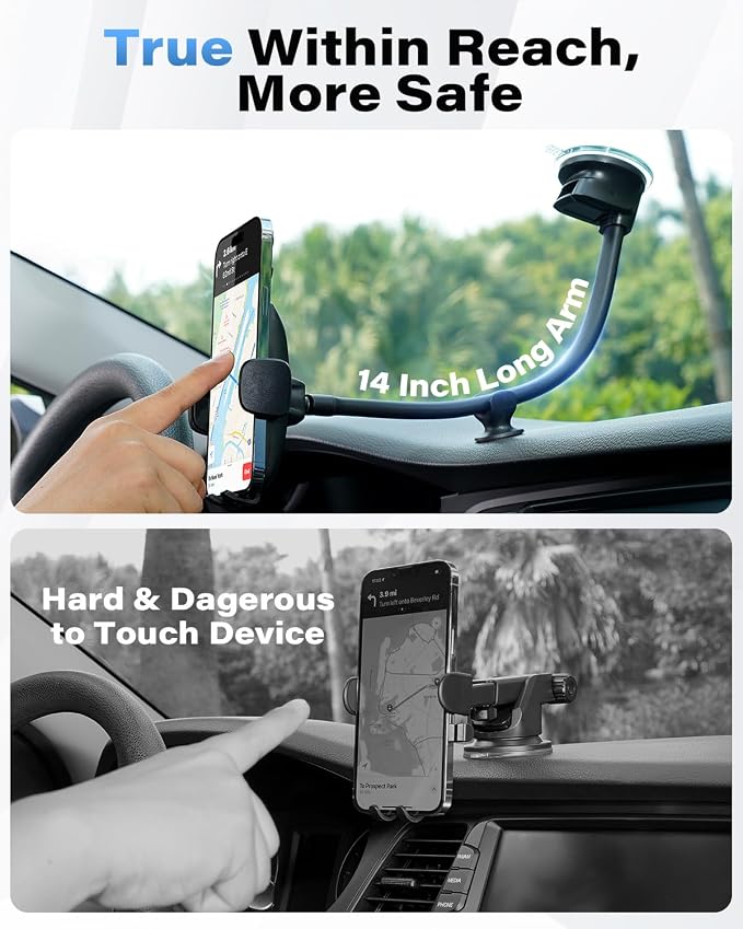 Solid Car Truck Phone Mount Wireless Charger Holder with 14-Inch Gooseneck Long Arm for iPhone 15 Pro Max Plus 14 13 12 11 XS X Samsung S24 Ultra S23 S22 S22 S21 S20 Pixel 9 Pro XL 8 7 6 5 4