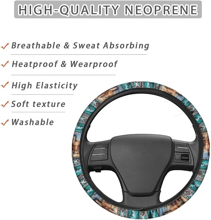Car Steering Wheel Cover Universal 15 Inch Steering Wheel Wrap Anti-Slip Soft Elastic Decorative Auto Accessories All Weather Protection, Aztec Running Horse Teal