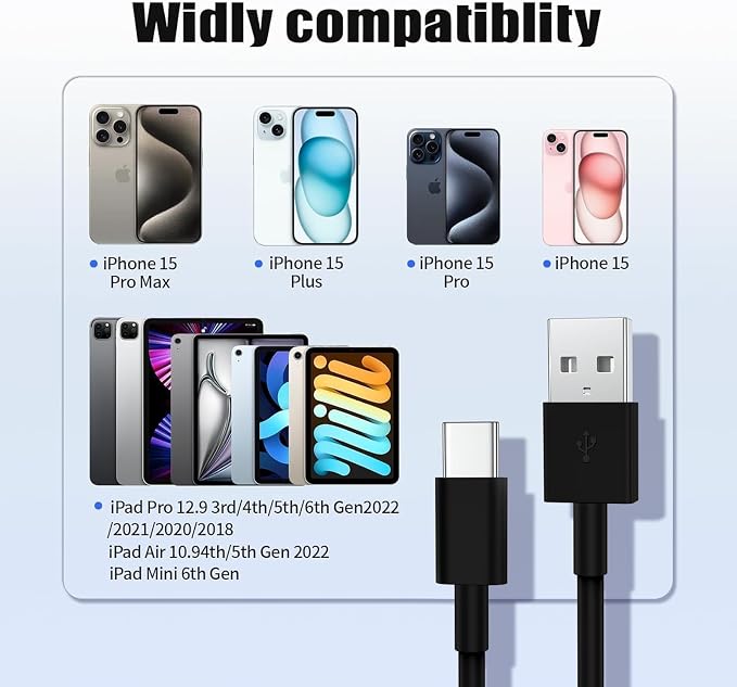 2Pack 6ft Car Carplay Cable for Apple iPhone 16 Pro/16/15 Pro Max/15 Plus/15, Long USB A to USB C Carplay Charger Cord, iPad Pro 12.9/11,10th, Air 5th/ 4th,iPad mini 6th Gen Car Charging Cable 6 Feet