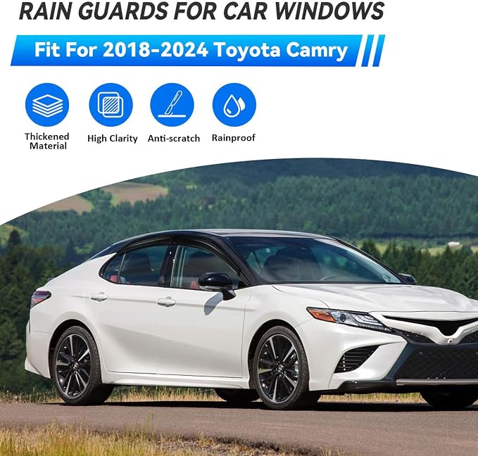 4pcs Front+Rear Smoke Tint Sun/Rain Guard Compatible with 2018-2024 Toyota Camry Outside Mount Tape-On Vent Window Visors 2019 2020 2021 2022 2023