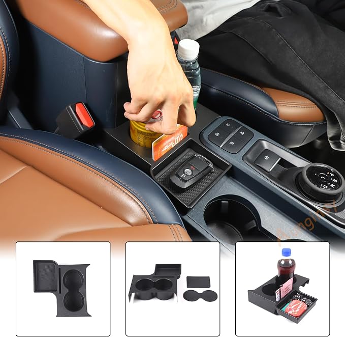 Center Console Cup Holder Organizer Compatible with Ford Maverick 2022-2026 | Front Seat Armrest Storage Box Dual Cupholder Insert Expander Tray Drink Water Bottle Holder with Mat Interior Accessories