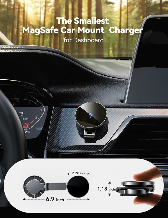 All-Metal MagSafe Car Mount Charger, 15W Mini Magsafe Car Charger for Dashboard, Wireless Car Charger for iPhone 17 Pro Max Plus/iPhone 16 15 14 13 12 Pro Max Plus, Black