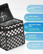 Corduroy Car Trash Can with Lid and Mesh Pockets - Leakproof Organizer,Multipurpose Waterproof Garbage Can/Trash Bin for Car(Black and White Check-3 Gallons)