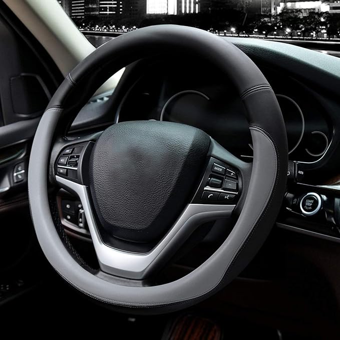 Microfiber Leather Steering Wheel Cover Large-Size for F150 F250 F350 Ram 4Runner Tacoma Tundra Range Rover Model S X with 15 1/2 inches-16 inches Outer Diameter-Gray