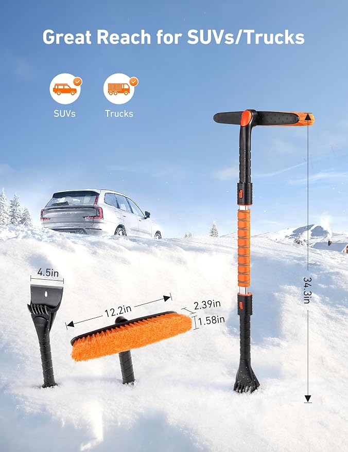 39.37" Ice Scrapers for Car Windshield and Snow Brush with Foam Grip and 360° Pivoting Brush Head for Christmas Car Auto Truck SUV(Orange)