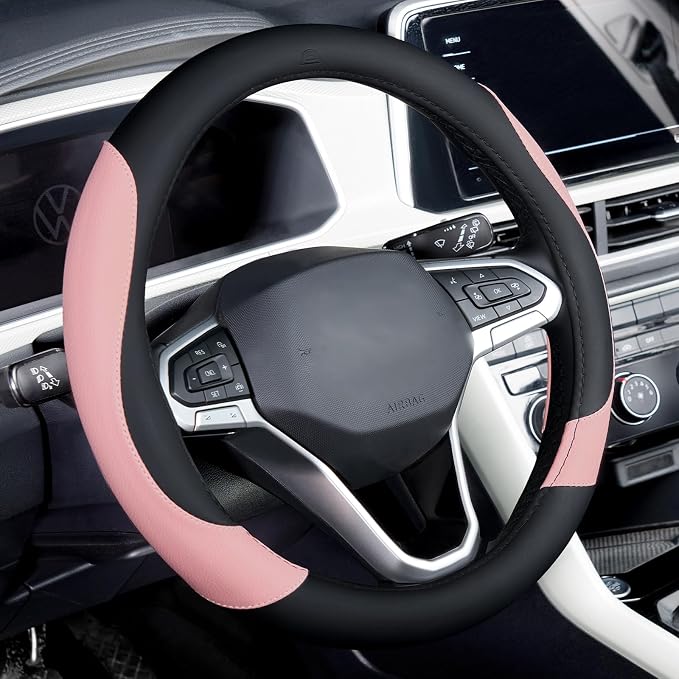 Coverado Car Steering Wheel Cover, Nappa Leather Black & Pink Steering Wheel Covers for Women, Universal 14-15 inch, Anti-Slip, Breathable Steering Wheel Protector