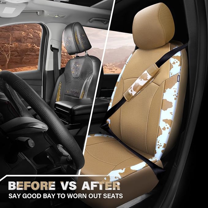 Cow Print Faux Leather Car Seat Covers & Cow Car Mats & Cow Steering Wheel Cover Seat Belt Pads Universal fit for SUV,Van,Saden,Truck Cute Car Accessories Automobile Interior Sets All Beige