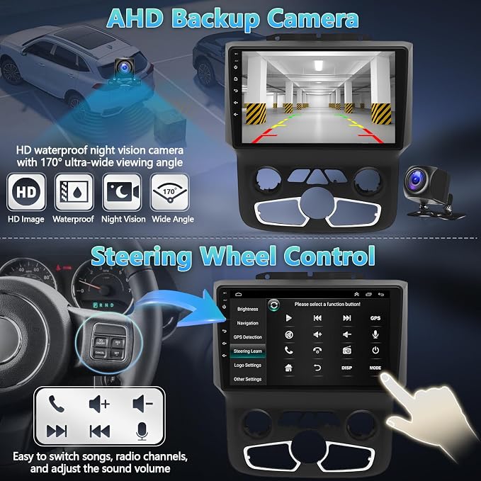 9" Touchscreen Car Stereo for Ram 2013-2019 with CarPlay & Android Auto | GPS Navigation, Bluetooth, SWC, FM/RDS, AHD Backup Camera, Android 13 OS, 2+32GB