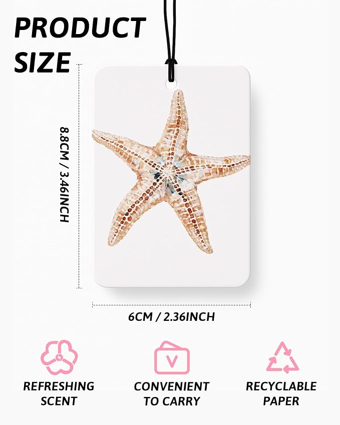 Coastal Beach Car Air Freshener 4 Pcs Coconut Scented, Ocean Starfish Conch Seashell Coral Car Accessories Mirror Decor for Women, Beach Hanging Air Freshener for Cars Closet Drawer Books