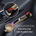 Car Seat Gap Plug with Storage Slot, Auto Gap Filler Organizer with Cup Holder, Universal Carseat Side Gap Filler Strip 2 Pack Between Front Seats & Console, Anti-Drop Pad with Seatbelt Holes, Beige