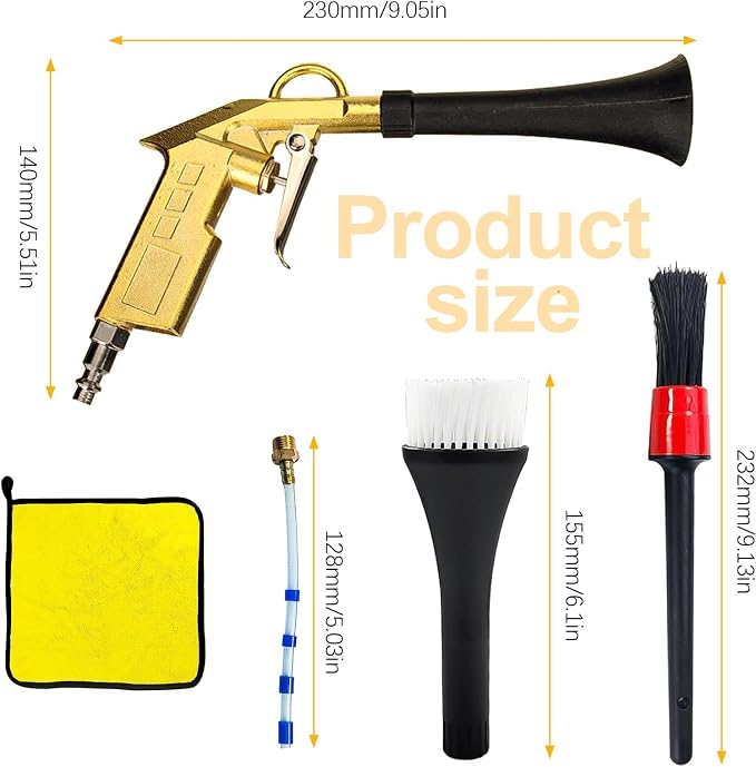 5-Piece Car Detailing Kit Air Blaster Mini Air Gun for Car Detailing, Air Compressor Blower Gun with 2 Pcs Brushes, Aluminum Alloy Dry Cleaning Gun with Detail Tool Attachments, for Car Detailing