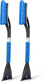 27" Aluminum Snow Brush with Ice Scrapers for Car Windshield and Window | Car Snow Scraper and Brush with Ergonomic Foam Grip Winter Accessories (Blue)