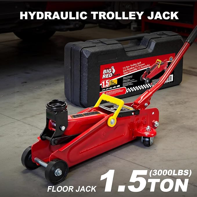 T820014S Torin Hydraulic Trolley Service/Floor Jack with Blow Mold Carrying Storage Case, 1.5 Ton (3,000 lb) Capacity, Red
