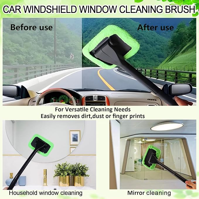 Car Windshield Cleaning Tool, Windshield Cleaner with 5 Washable and Reusable Microfiber Pads and Extendable Handle, for Auto Glass Wiper (Green)