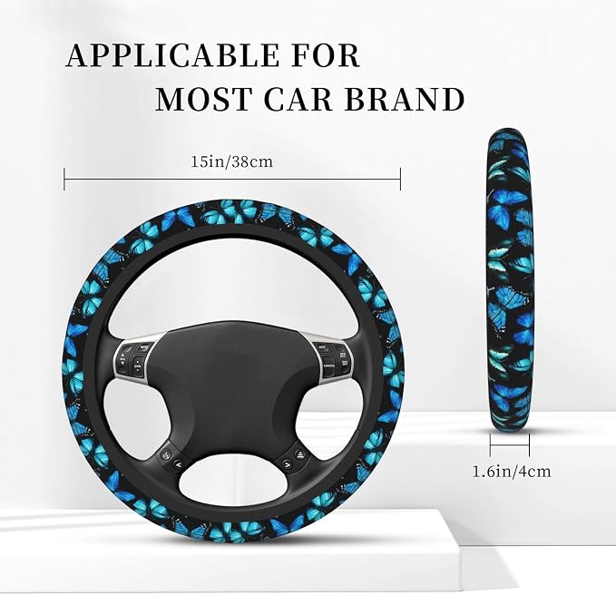 Blue Butterfly Steering Wheel Cover for Women, Universal Auto Steering Wheel 14-15 Inch Car Interior Accessories with 2PCS Car Coasters, Suitable for Men and Women