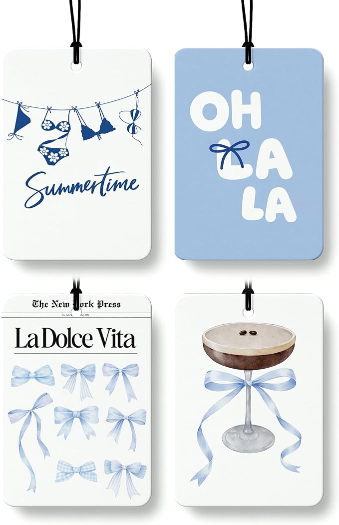 Coquette Blue Summer Car Air Freshener 4 Pcs Coconut Scented, Italian Summer Beach Car Accessories Mirror Decor for Women, Girly Beachy Hanging Air Freshener for Cars Closet Drawer Books