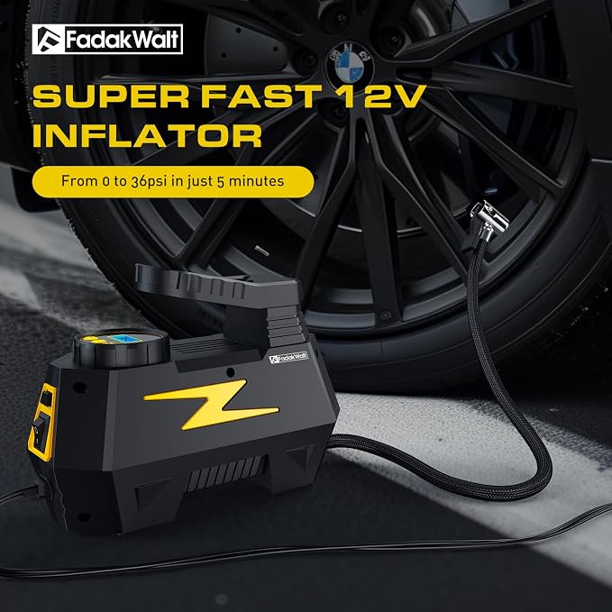Tire Inflator Portable Air Compressor, 12V DC Car Air Pump with Auto Shutoff, 150 PSI Digital Gauge, LED Light, Metal Valve Connector, Accessories for Cars, Yellow