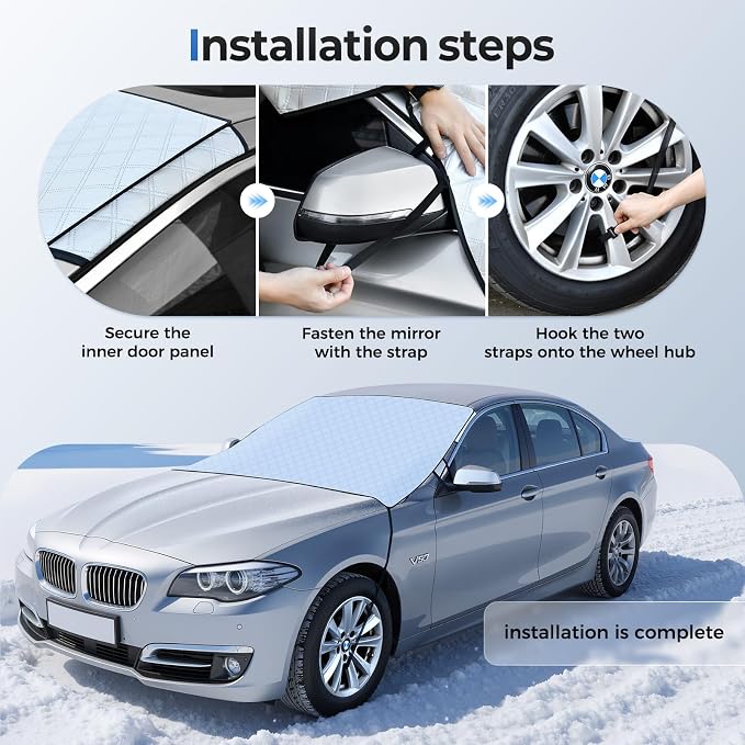 Car Windshield Cover for Ice and Snow Heavy Duty Fabric with Side Mirror Cover,Standard Winter Frost Hail Protector for Most Car, Truck, SUV, Van and MPV (66x 47Inch)