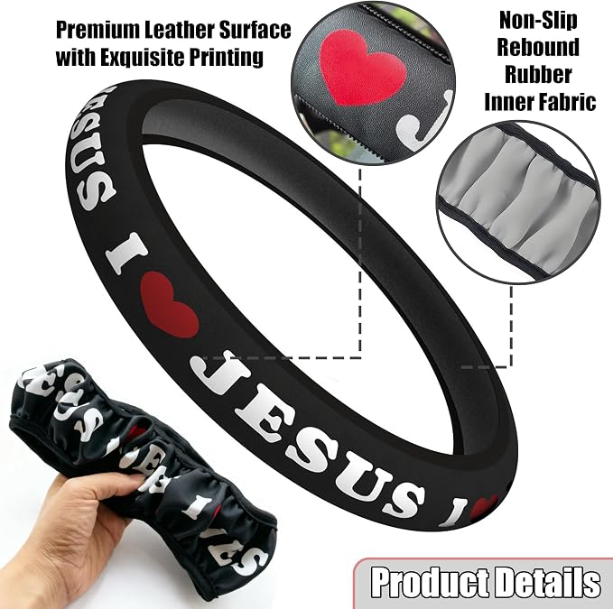 Christian I Love Jesus Car Steering Wheel Cover for Men & Women with 2 Pack Car Coasters, PU Leather Elastic Steering Wheel Protector, Faith Gifts, Universal 15" Fit for Cars, SUVs, Trucks