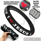 Christian I Love Jesus Car Steering Wheel Cover for Men & Women with 2 Pack Car Coasters, PU Leather Elastic Steering Wheel Protector, Faith Gifts, Universal 15" Fit for Cars, SUVs, Trucks