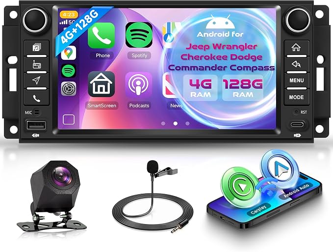 4G+128G Android Car Stereo for Jeep Wrangler 2007-2018 & Jeep Compass 2011-2015 with Wireless CarPlay Android Auto, 7 Inch Car Radio GPS Navigation WiFi SWC Bluetooth FM with Backup Camera