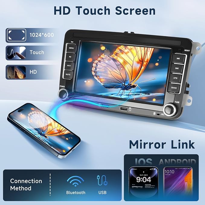 4Core+64G Android 15 Double Din Car Stereo for VW Volkswagen SEAT Skoda Jetta Golf Polo Wireless Carplay Android Auto, 7 Inch VW Radio With GPS, WiFi, Bluetooth, FM, EQ,Backup Camera, Double USB Ports