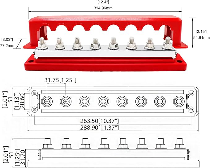 600A Bus Bar Heavy Duty Power Distribution Block 48V DC Busbar Box with 8 x M10(3/8") Terminal Studs for Battery Marine Automotive RV Car Truck (Red)