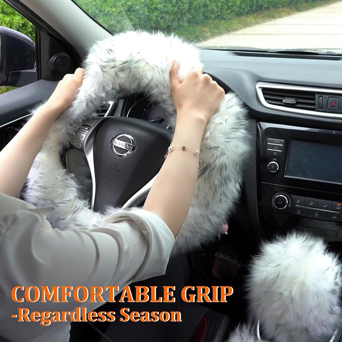Fuzzy Genuine Sheepskin Steering Wheel Cover Set for Women Parents-Fluffy Soft Australian Merino Wool Fur Wrap with Gear Shift and Hand Brake Covers, Cozy Stylish Luxury Girl Car Accessories (Pink)