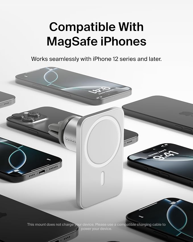 Belkin MagSafe Vent Mount Pro - MagSafe Compatible Phone Mount for Car - Wireless Magnetic Phone Holder Mount for iPhone 17, iPhone 16, 15, Pixel 10, & More - Car Accessories (Certified Refurbished)
