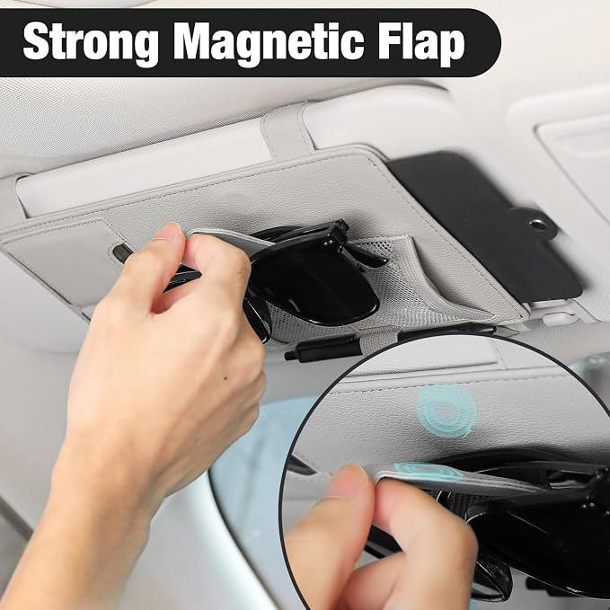 Sun Visor Extender for Car, Sun Blocker with Magnetic Sunglass Holder Hanger Clip, Ticket Card Organization Pouches, Side Sunshade Visor Organizer Accessories, Gray