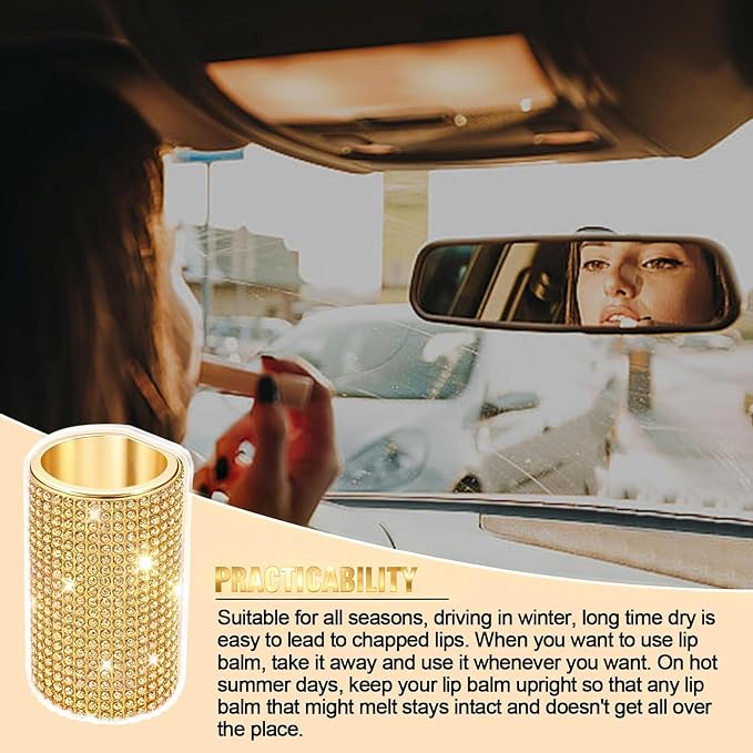 Upright Car Chapstick Holder, Bling Insulating Lip Balm Holder,Rhinestone Car Accessories for Women Interior,Suitable for Most Vehicles. (Yellow)