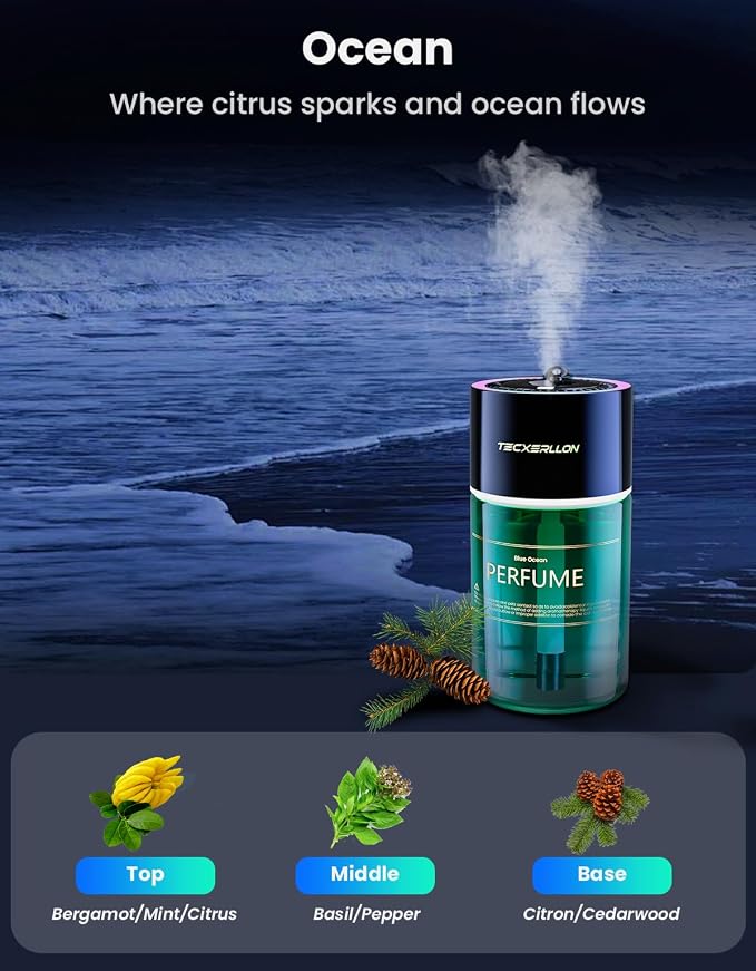 Smart Car Air Freshener Diffuser with Star Light, 120ml Essential Oil, Auto On/Off, 4 Mist Modes, Long Lasting Rechargeable Aroma Diffuser Aromatizante Para Carro for Home, Office-Ocean