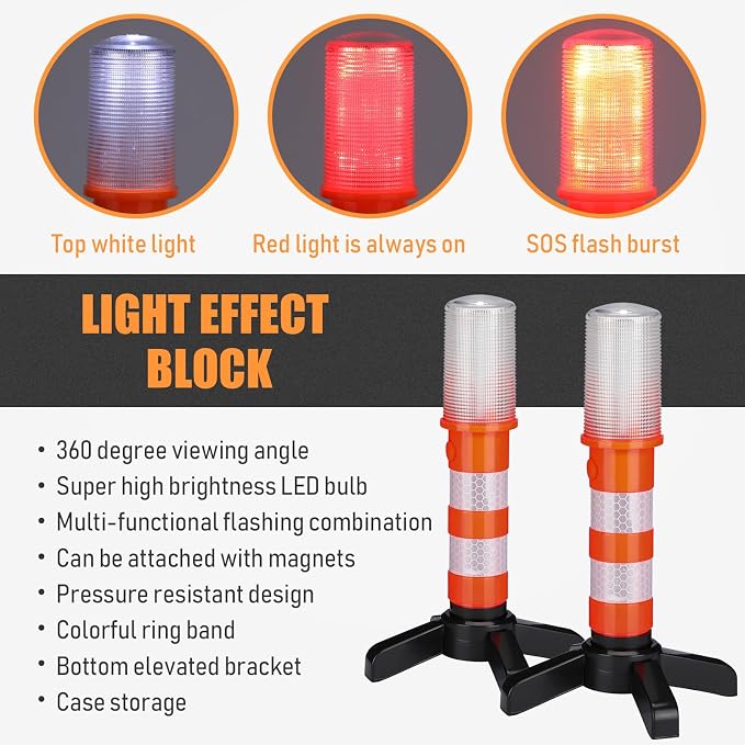 8 Pack Road Flares Emergency Kit LED Roadside Warning Lights Bright Red Highway Flares Lights for Vehicles Road Safety Strobe with Magnetic Bases Detachable Stands Storage for Car Truck