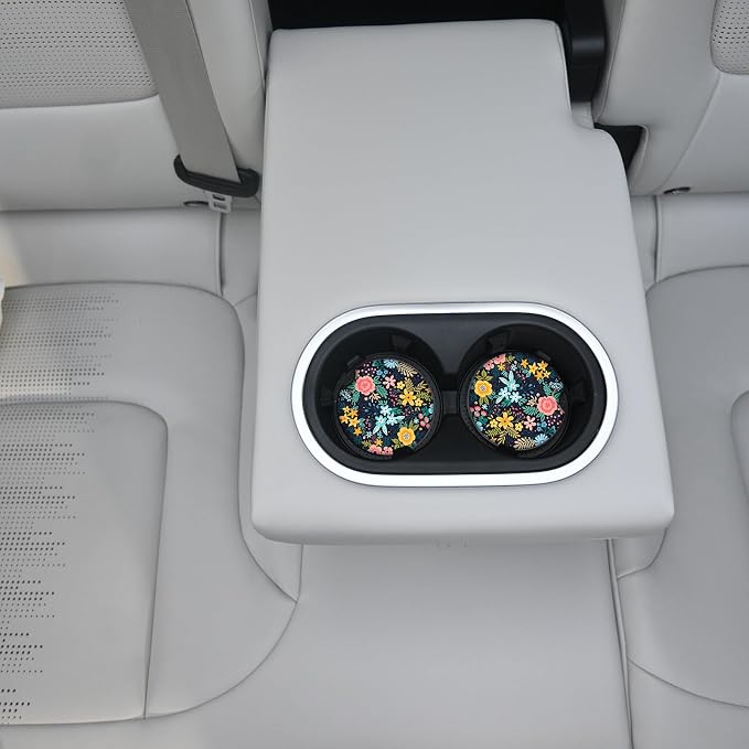 Absorbent Car Coasters 2 Pack for Cup Holders, 2.56" Ceramic Stone & Non-Scratch Cork Base Drink Coasters(Flowers 1)
