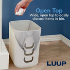 Luup Trash Can (White) - Reuse Grocery Bags - Plastic Garbage Container for Bathroom, Vanity, Laundry Room, Kitchen, Office, Garage - 2.5 Gallon Wastebasket with Hooks to Secure Trash Bags