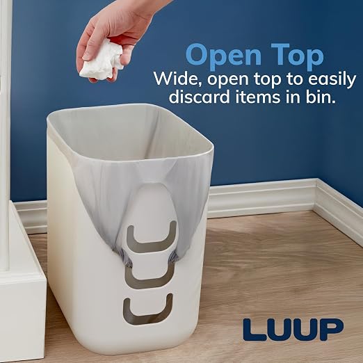 Luup Trash Can (White) - Reuse Grocery Bags - Plastic Garbage Container for Bathroom, Vanity, Laundry Room, Kitchen, Office, Garage - 2.5 Gallon Wastebasket with Hooks to Secure Trash Bags