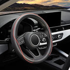 YHONGJT Soft Microfiber Leather Anti-Slip Car Steering Wheel Cover, Universal 15 Inch, Fit Vehicles, Sedans, SUVS, Vans, Trucks - Black with Red Line