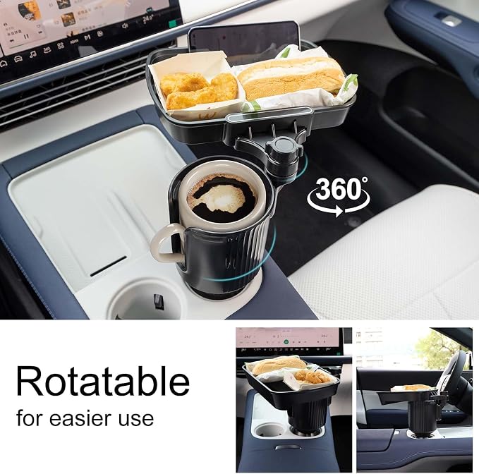 Car Large Cup Holder Expander, 2-in-1 Cupholder Extender with Swivel and Detachable Snack Food Tray Table for Eating, Travel Essentials for Road Trips for Driver. Model B