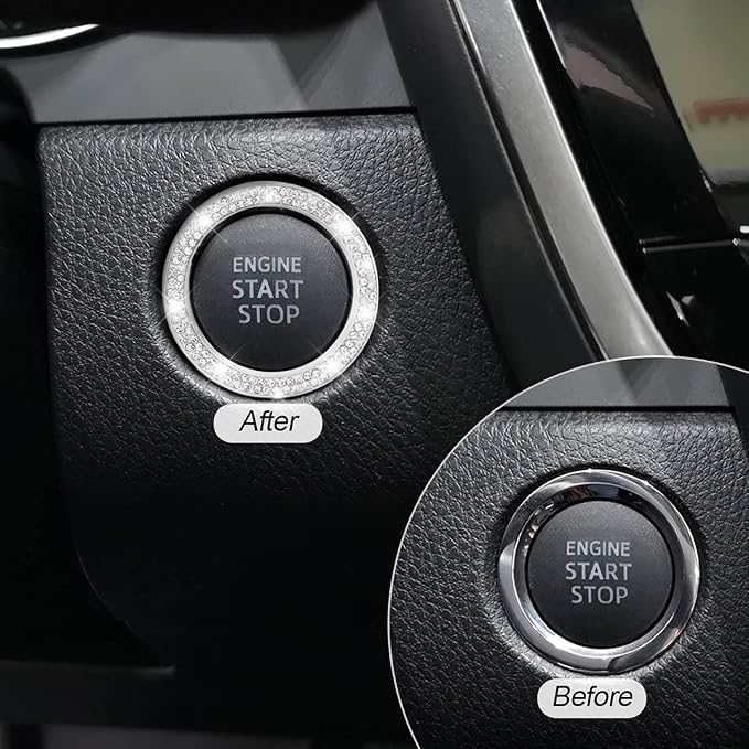 Car Bling Crystal Rhinestone Engine Start Ring Decals, 2 Pack Car Push Start Button Cover/Sticker, Key Ignition Knob Bling Ring, Sparkling Car Interior Accessories for Women (Double Silver)