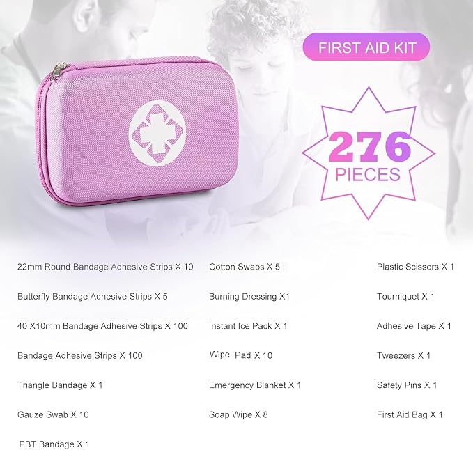 277PCS Compact Emergency First Aid Kit for Car Business Travel Size Backpacking Gear Bag Camping Essentials Survival Kit Supplies for Road Trips, Hiking, Outdoor Play Pink